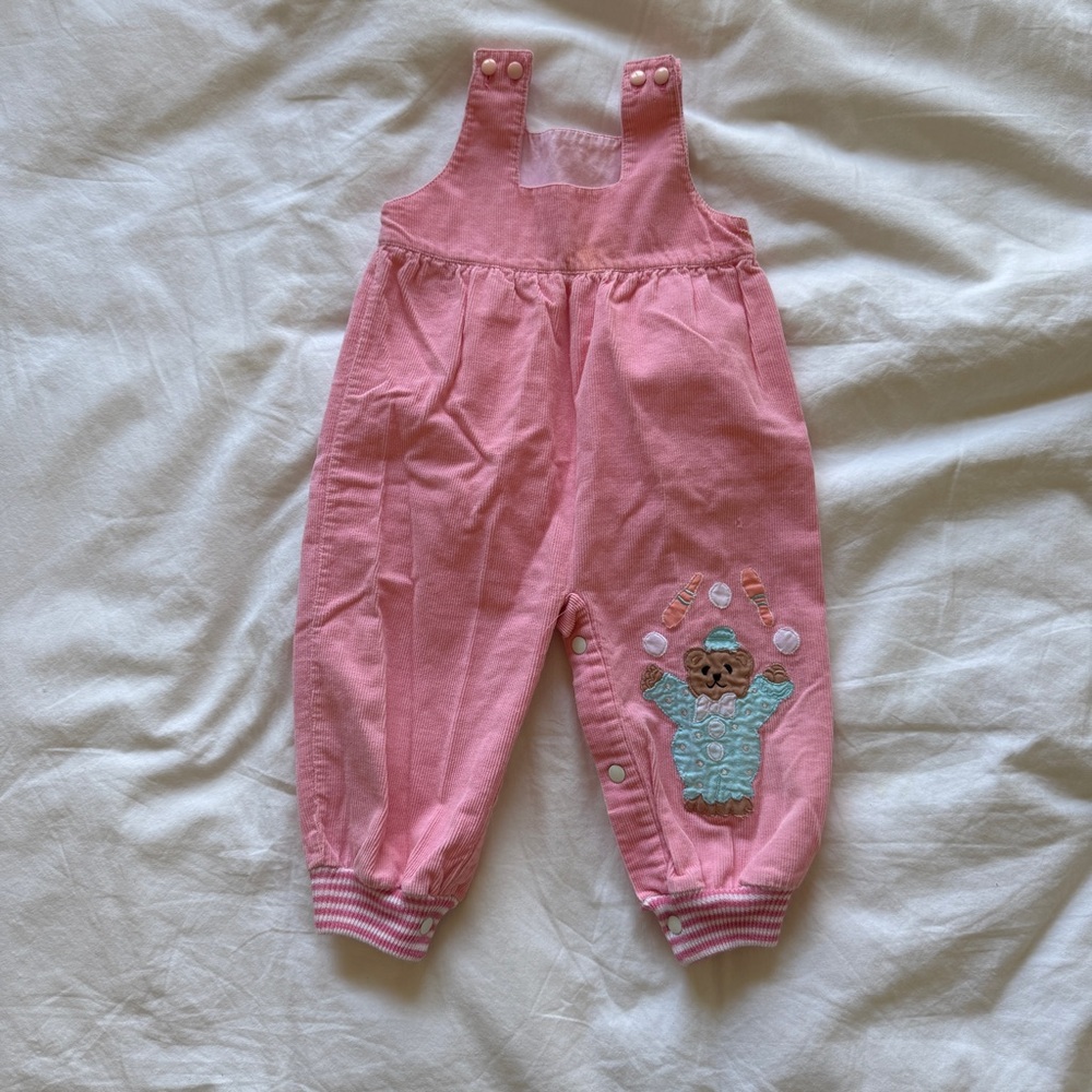 Vintage Pink Baby Overalls with Bear Embroidery
